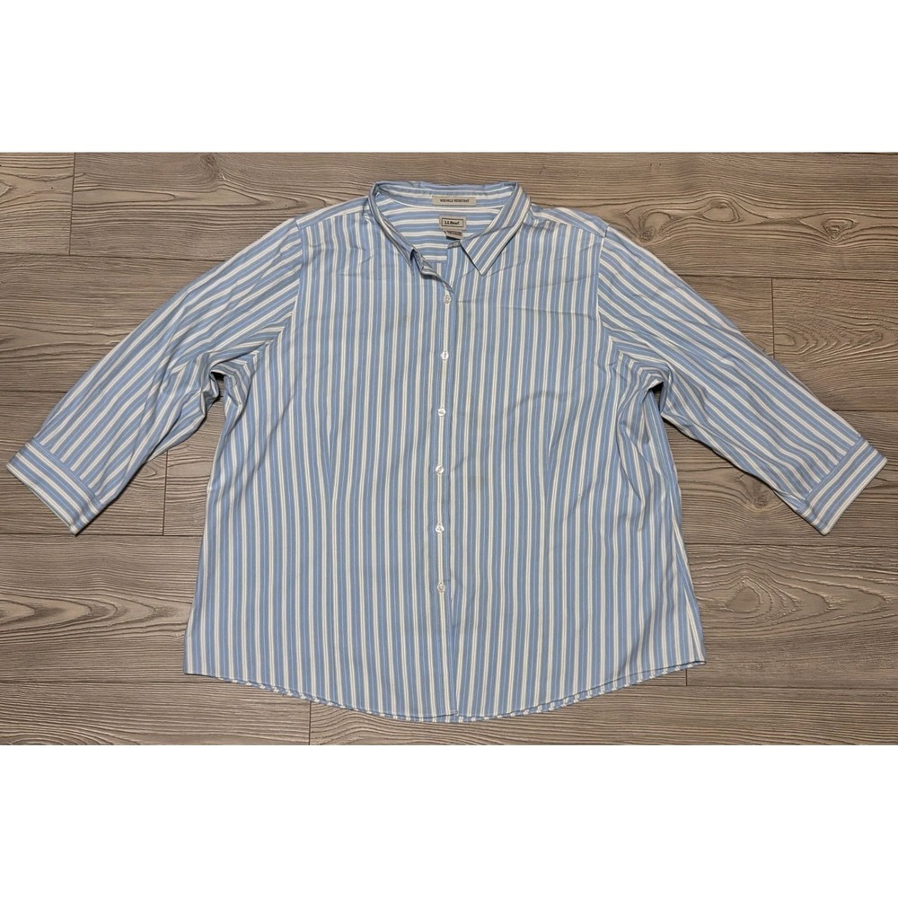 LL Bean Womens Button Up Striped Shirt Size 2X Blue White Top Wrinkle Resistant